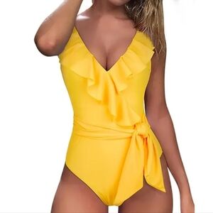 Tuscan Sun Yellow Ruffled Surplice One Piece Swimsuit size XXL  NWOT